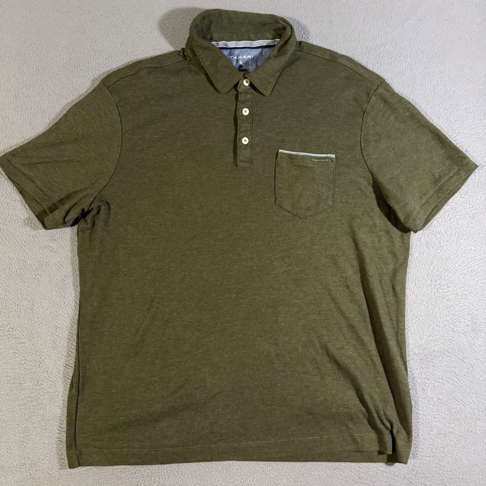 Tahari Men's XL Olive Green Polo Shirt Short Sleeve‎ Pocket Casual Top